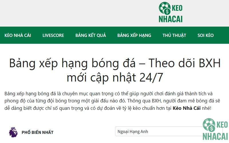Bảng xếp hạng bóng đá - Theo dõi BXH mới cập nhật 24/7